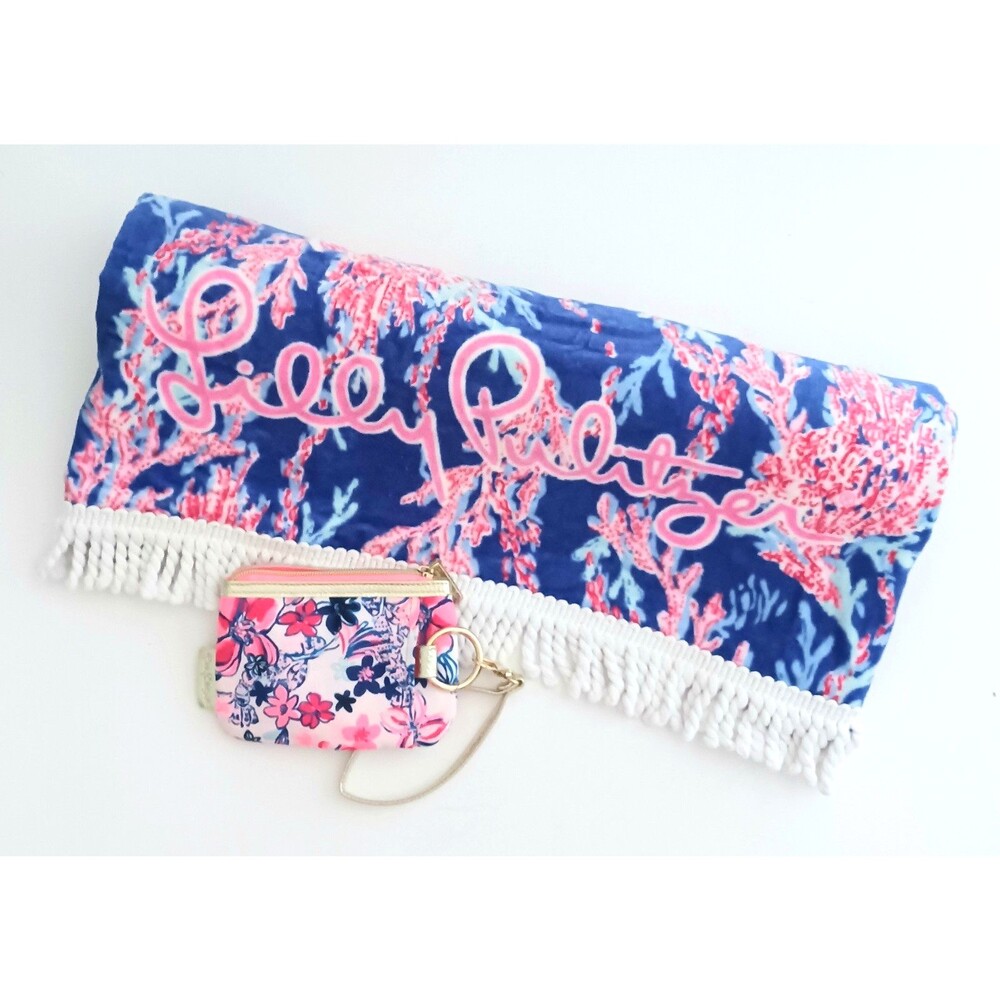 NEW Lilly Pulitzer Velour Beach Towel / Wristlet Set Borealis Blue Swim 30X60
